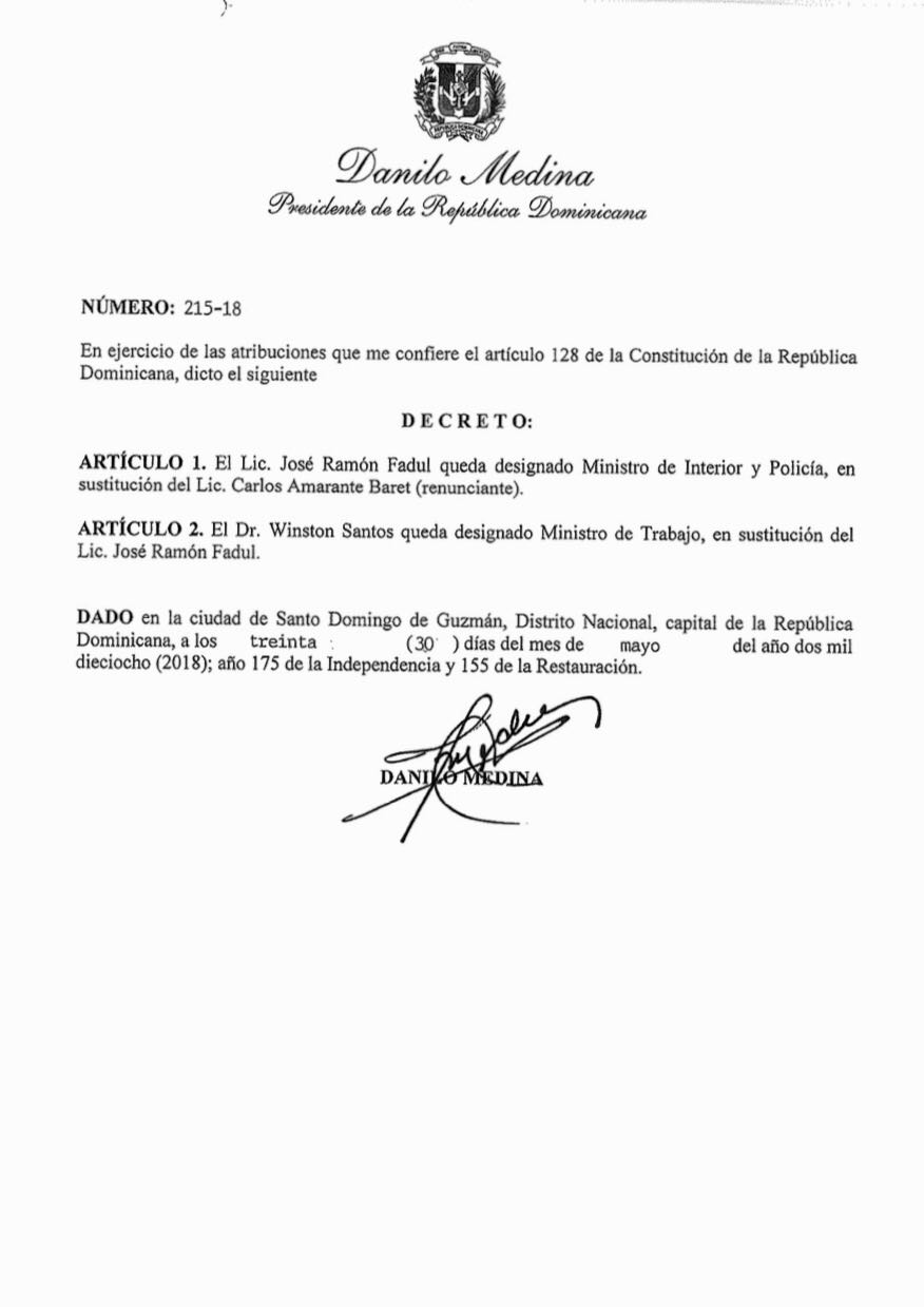 Presidente Medina designa a José Ramón Fadul como ministro de Interior y Policía