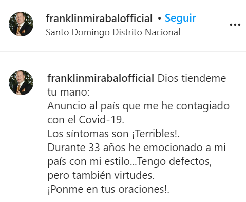 Anuncio de Franklin Mirabal vía Instagram sobre COVID-19