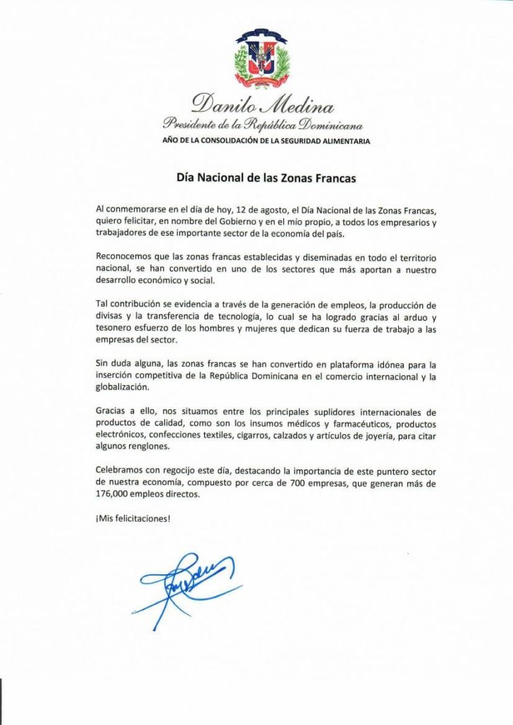 Danilo Medina felicita por Día Nacional de las Zonas Francas