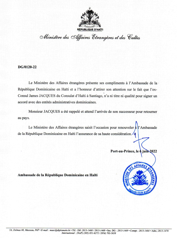 Cancillería de Haití había informado que Jacquez no es cónsul desde el pasado seis de junio
