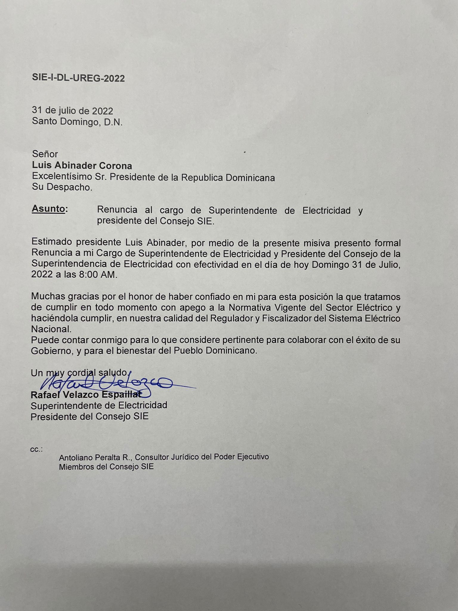 Renuncia el superintendente de electricidad, Rafael Velazco Espaillat