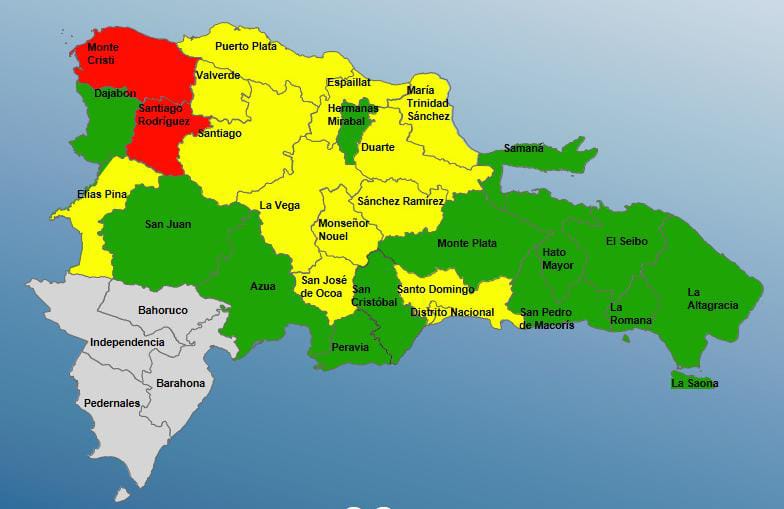 El COE coloca dos Provincias en Alerta Roja, 13 en Verde y 13 en Amarilla por Lluvias