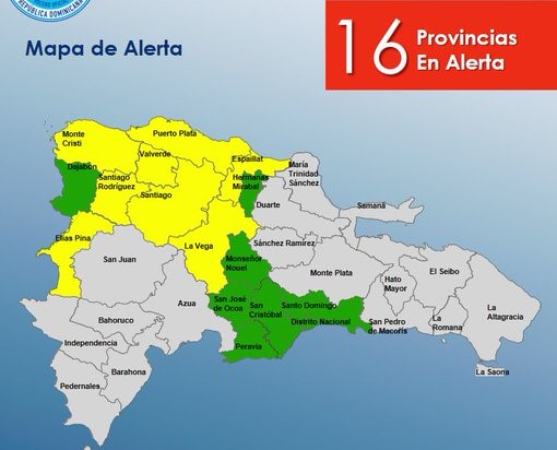 Bajan a 16 las Provincias en Alerta, según COE en RD