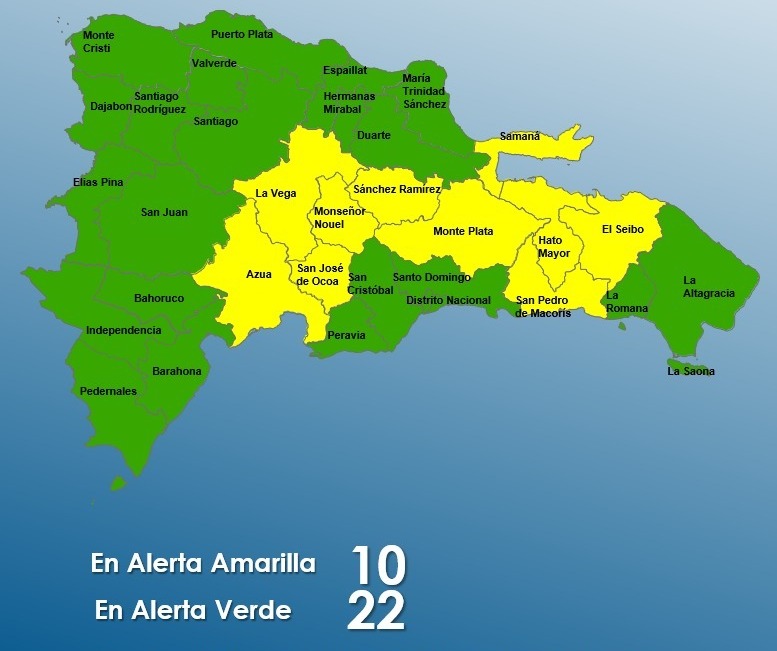 COE mantiene 10 provincias en alerta amarilla y 22 en verde