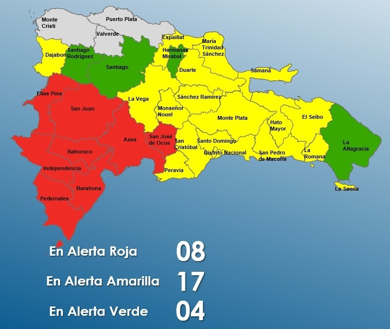 COE aumenta a 8 las provincias en alerta roja; 17 se mantienen en amarilla