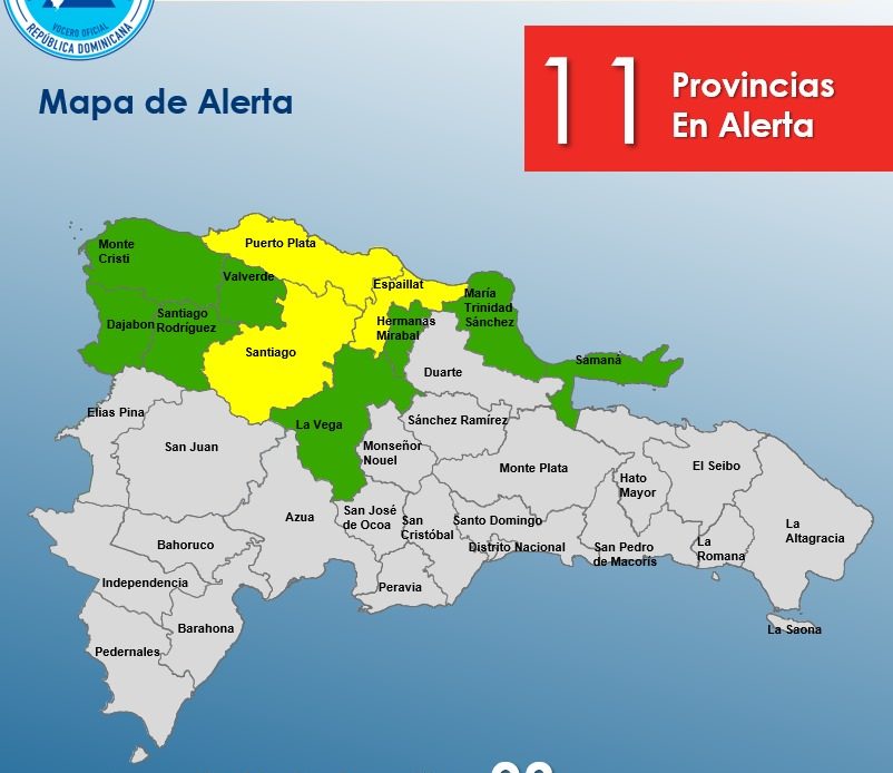 COE aumenta a tres provincias en alerta amarilla y ocho en verde