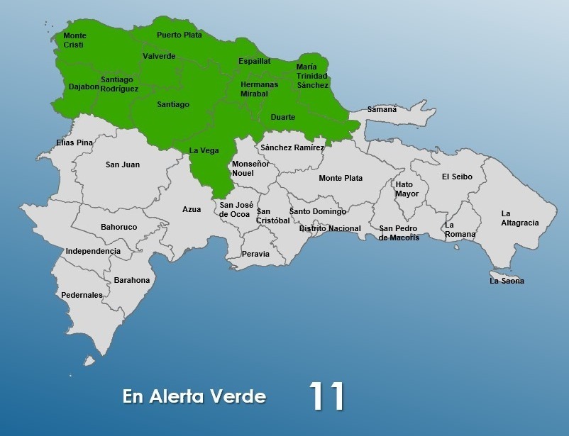 Aumentan a 11 las provincias en alerta verde por incidencia de sistema frontal