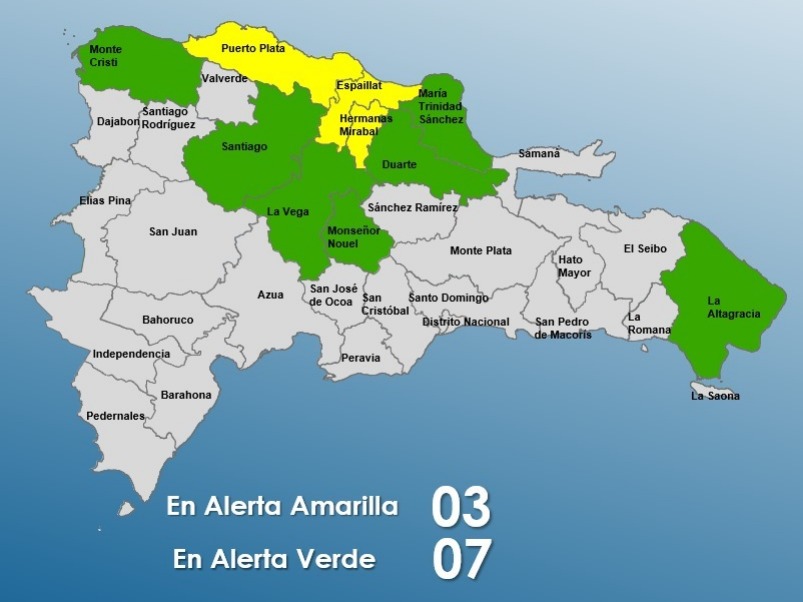 COE emite alerta amarilla para tres provincias y mantiene 7 en verde por sistema frontal
