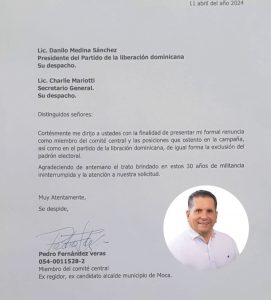 Renuncia del PLD ex candidato a alcalde por Moca, Pedro Fernández 