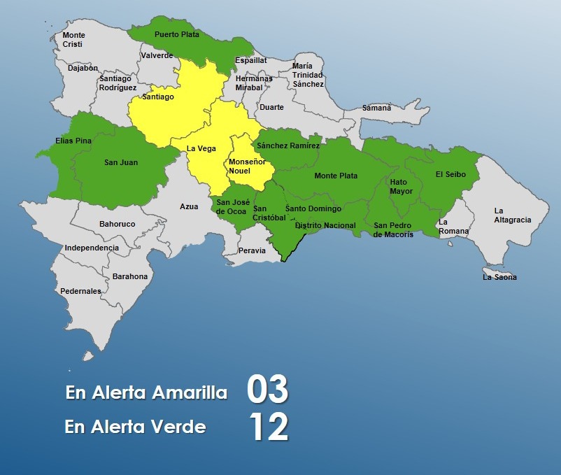 COE coloca tres provincias en alerta amarilla y 12 en verde por vaguada