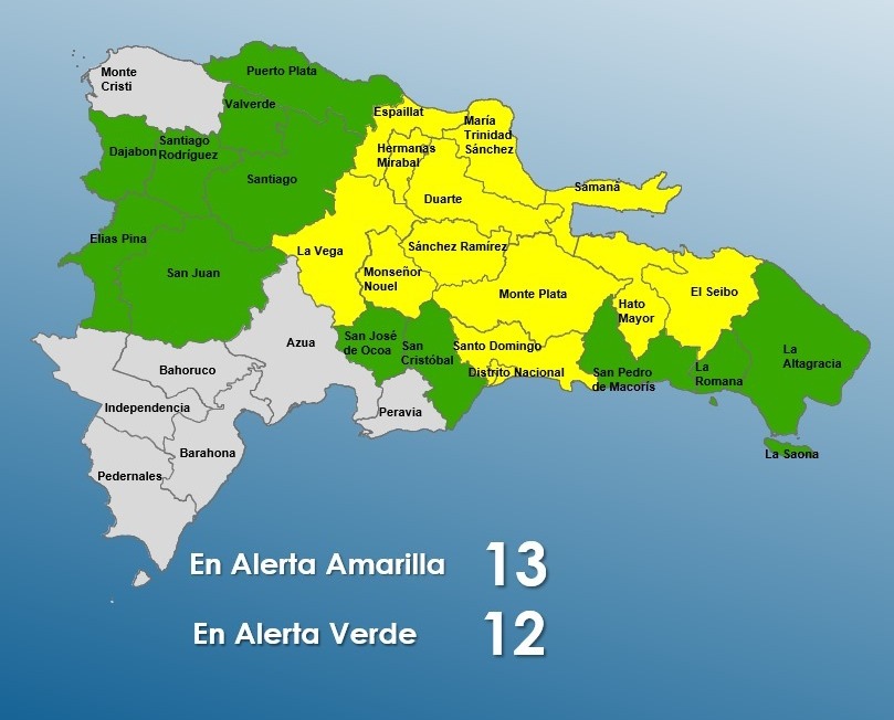 COE eleva a 13 provincias en alerta amarilla y 12 en verde por aguaceros