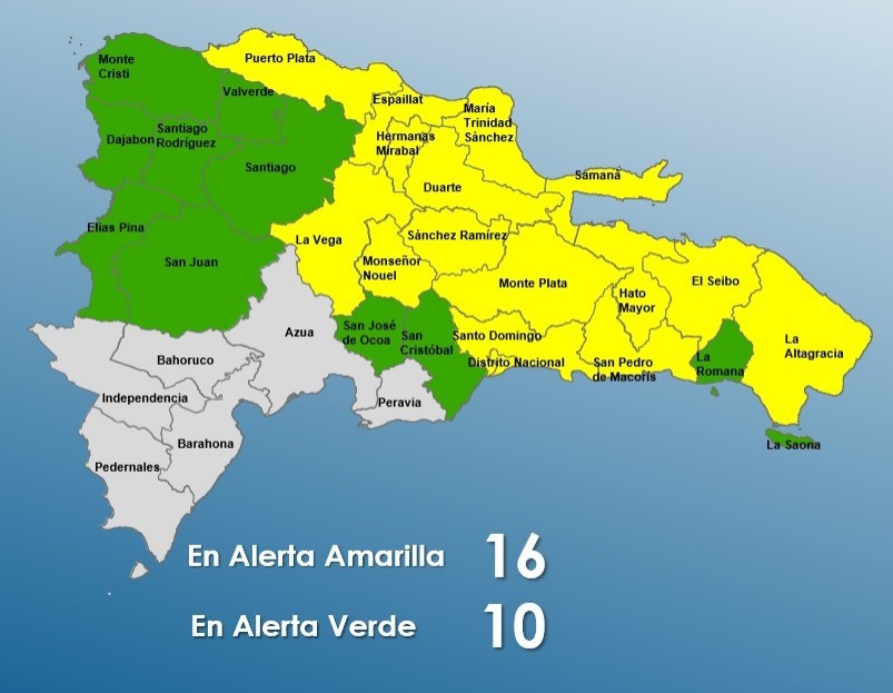 Sube a 16 provincias en alerta amarilla por vaguada; 10 en verde