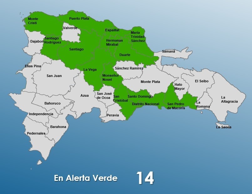 COE eleva a 14 las provincias en alerta verde por incidencia de sistema frontal
