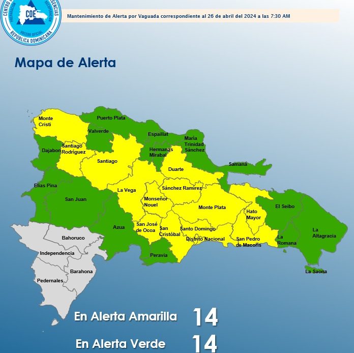 COE mantiene alerta 14 provincias en alerta verde y 14 provincias amarilla