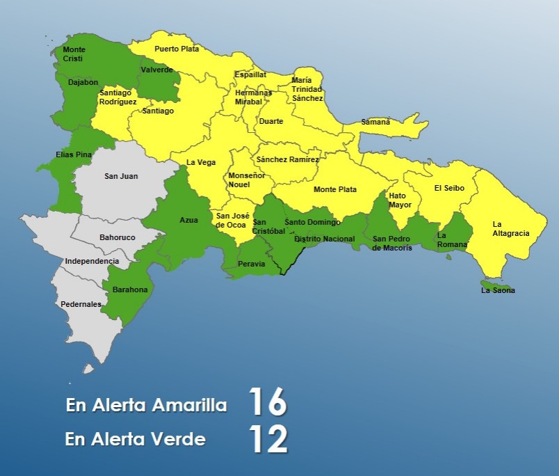 Mantienen 16 provincias en alerta amarilla por onda tropical; sube a 12 las que están en verde