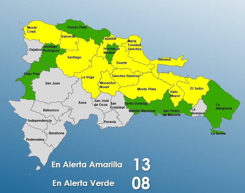 El Centro de Emergencias (COE), mantiene este sábado 21 provincias en alerta por la vaguada que incide en el país. 13 localidades permanecen en alerta amarilla y 8 se mantienen en verde.