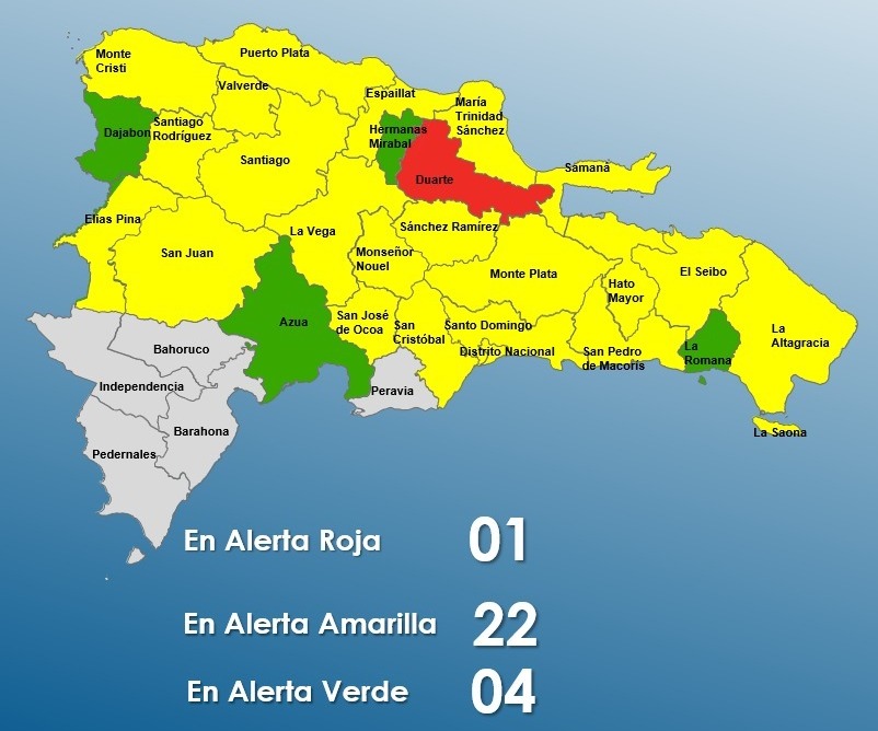 Mantienen 27 provincias en alertas por lluvias; Duarte sigue en rojo