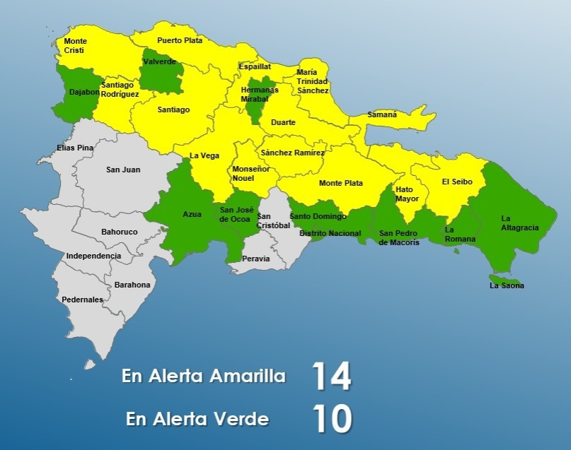 Suben a 14 las provincias en alerta amarilla por aguaceros; 10 permanecen en verde
