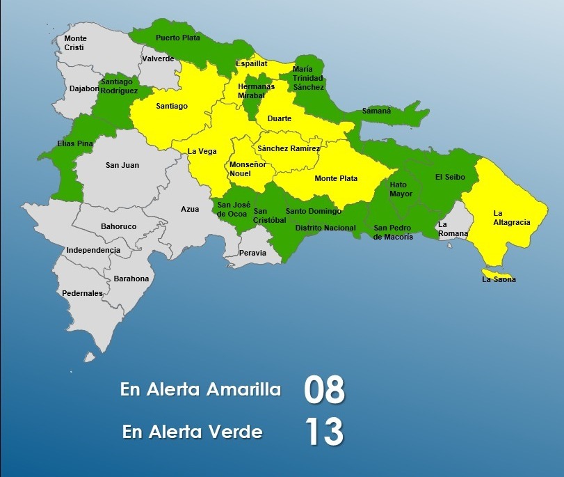 COE disminuye a 8 las provincias en alerta amarilla; se mantienen 13 en verde
