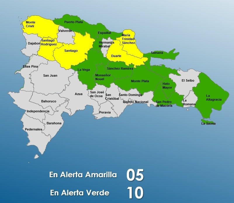 El Centro de Operaciones de Emergencia (COE), disminuyó a 15 las provincias en alerta por posible Inundaciones repentinas urbanas y rurales, crecidas de ríos, arroyos y cañadas, así como deslizamientos de tierra.