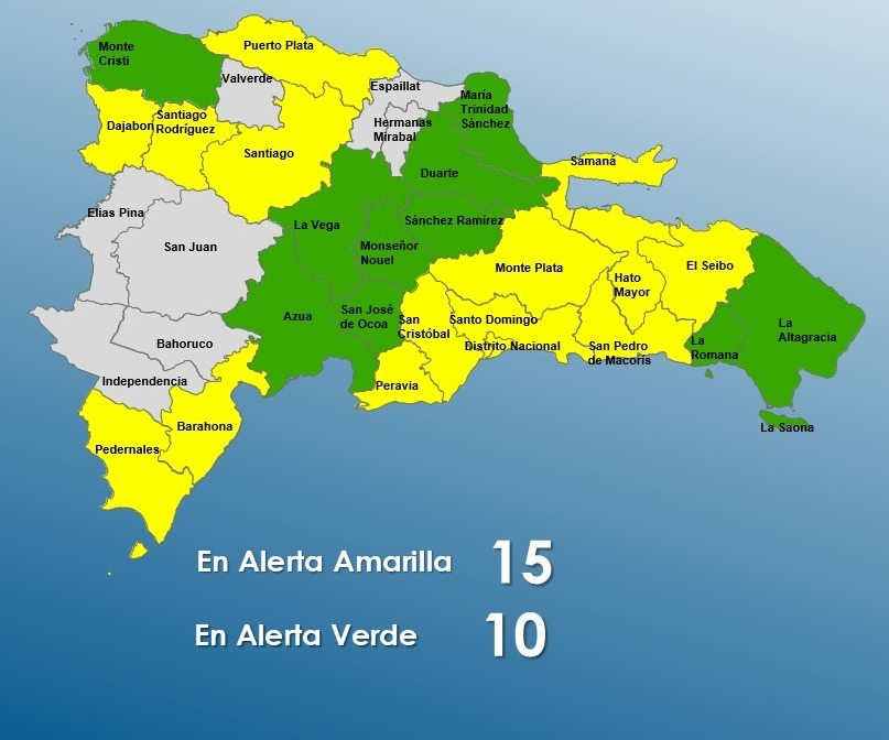 Elevan a 15 las provincias en alerta amarilla por vaguada