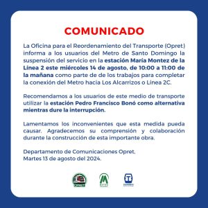 Servicio de Metro se suspenderá por una hora este miércoles en la estación María Montez