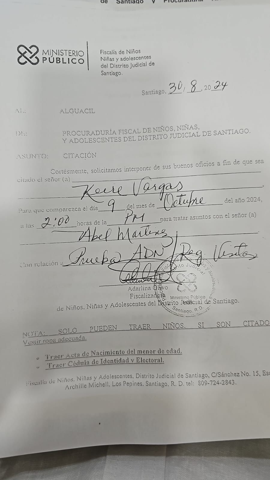 Documento de fiscalía de menores