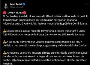 Ernesto se aproxima a RD y podría convertirse en huracán categoría 1 mañana 