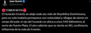 Huracán Ernesto se aleja de RD; mañana incidirá vaguada