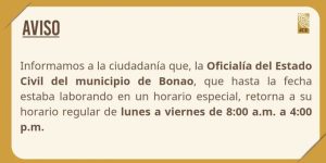 JCE anuncia que Oficialía del Estado Civil en Bonao retorna a su horario regular 