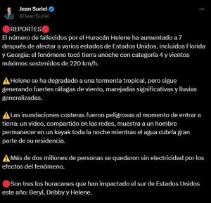 Aumenta a siete los fallecidos por huracán Helene en EE.UU.