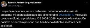 Román Jáquez se postulará para ser candidato a presidente de la JCE 2024-2028