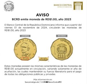 A partir del viernes circulará moneda de un peso del 2023