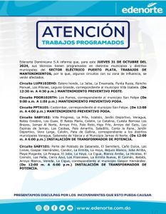 Edenorte advierte algunos circuitos en Puerto Plata se verán afectados por trabajos de mantenimiento 