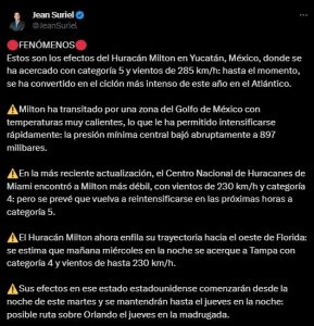 Huracán Milton podría reintensificarse en las próximas horas a categoría 5