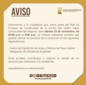 Servicios de la JCE en Plaza Central podrían verse afectados este sábado 