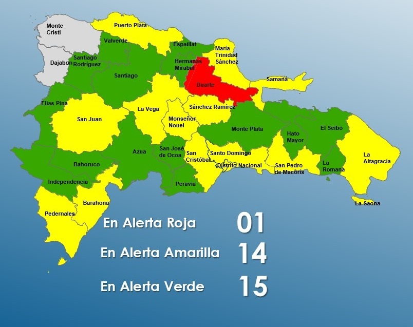 Aumenta a 30 las demarcaciones bajo alertas por lluvias; Duarte continúa en rojo