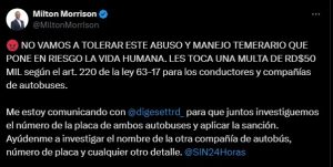 Conductores de autobuses deberán pagar RD$50,000 por echar carrera en autopista 