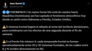 Frente frío #5 llegará a RD este sábado; se combinará con una vaguada