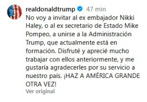 Embajadora Nikki Haley y exsecretario de Estado Mike Pompeo quedan fuera de la administración de Trump