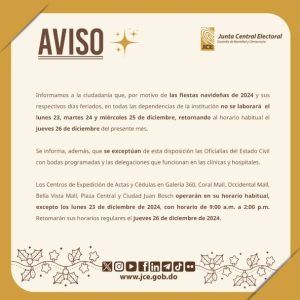 JCE anuncia horario especial por festividades navideñas