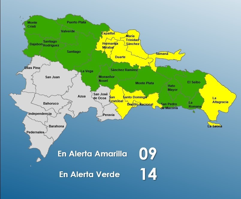 Aumentan a 9 provincias en alerta amarilla por vaguada; 14 se mantienen en verde