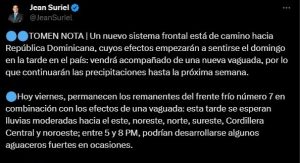 ¡Otro más! Un nuevo sistema frontal está de camino a RD acompañado de una vaguada