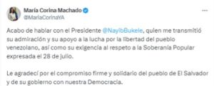 María Corina dice Bukele le expresó su admiración y apoyo a la lucha por la libertad de Venezuela