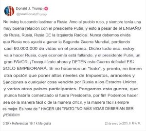 Trump amenaza a Rusia con un golpe a su economía si no se alcanza un acuerdo con Ucrania