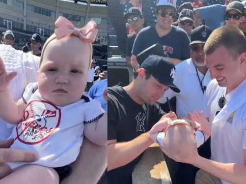 Lanzador Gerrit Cole "bautiza" bebé con su firma en Spring Training de los Yankees