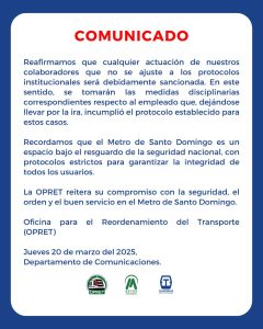 Opret tomará medidas disciplinarias contra empleado que incumplió protocolo ante incidente en el metro 