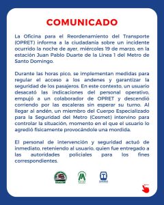 Opret tomará medidas disciplinarias contra empleado que incumplió protocolo ante incidente en el metro 